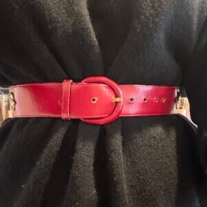 Vintage 1980s Annette Red Leather Waist Belt Gold Hardware Leaf Shape Accessory